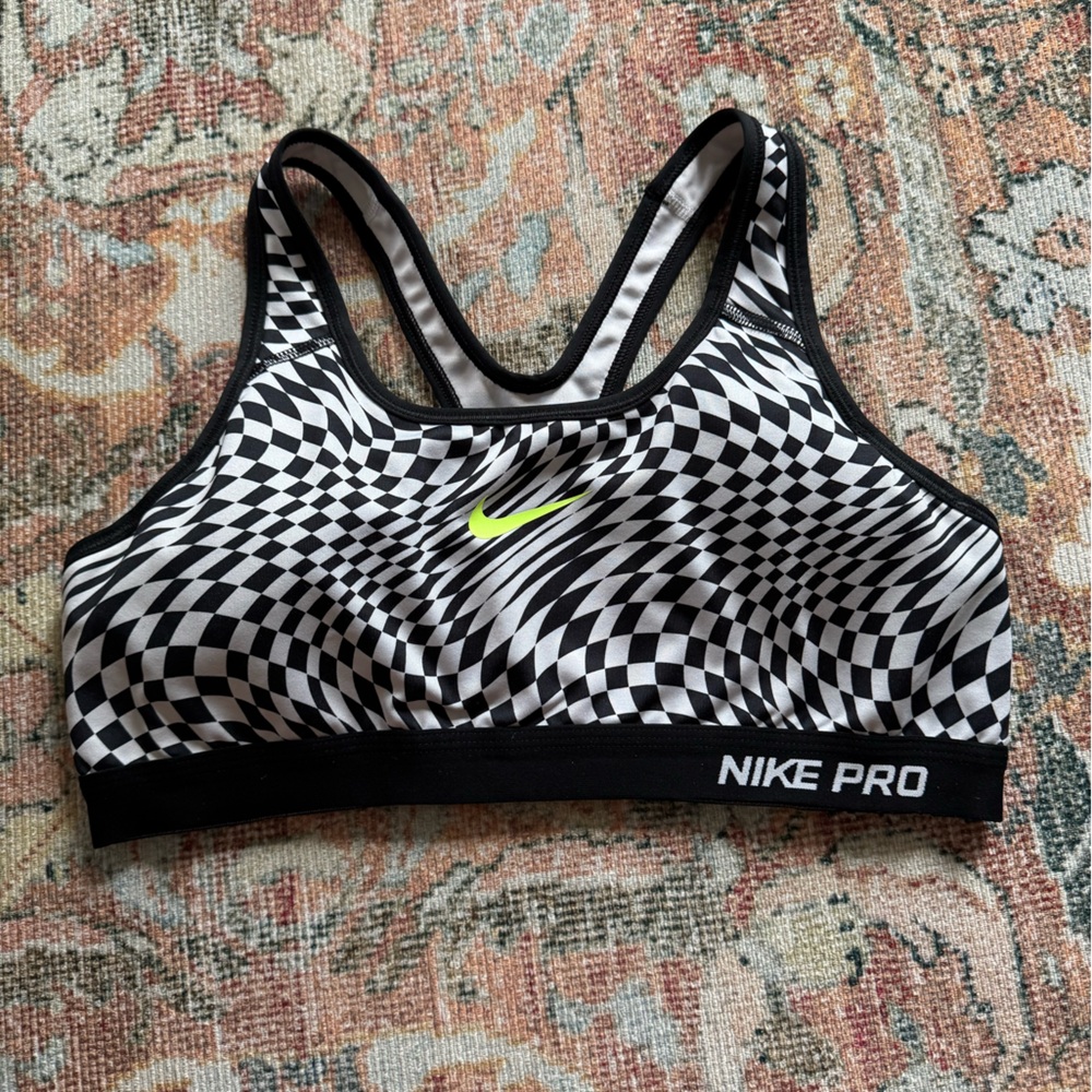 Nike Pro Women's Checkered Sports Bra - Black, White, and Neon Yellow (Large)